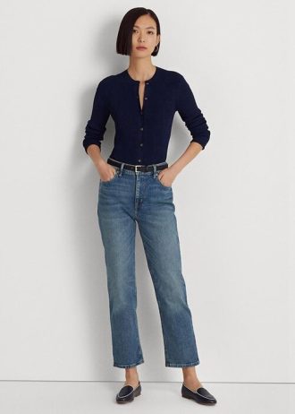 Calça jeans Ralph Lauren azul feminina, cintura alta, reta e tornozelo
