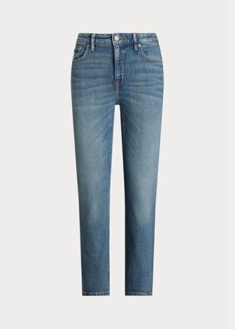 Calça jeans Ralph Lauren azul feminina, cintura alta, reta e tornozelo
