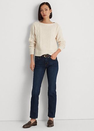 Calça jeans Ralph Lauren feminina, cintura baixa, reta e curva, azul marinho