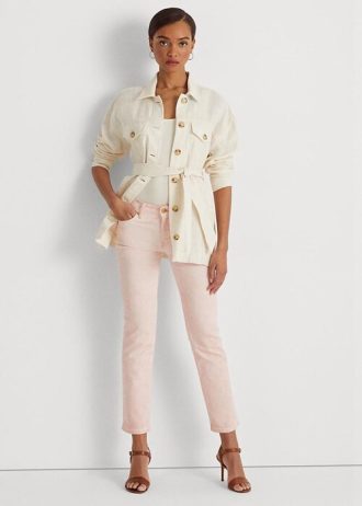 Calça jeans Ralph Lauren feminina rosa com revestimento, cintura média e tornozelo reto