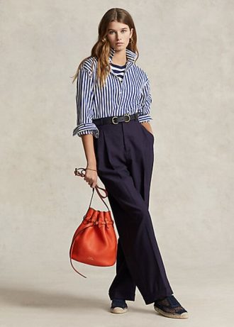 Calça Ralph Lauren feminina azul marinho, perna reta, mistura de lã