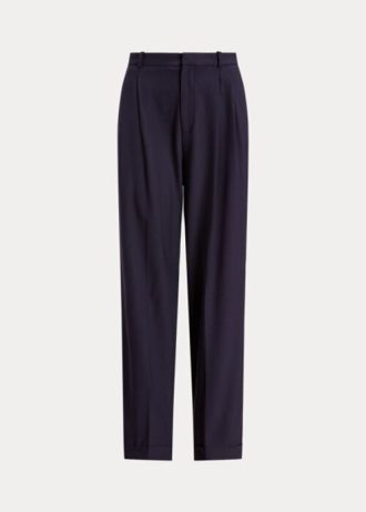 Calça Ralph Lauren feminina azul marinho, perna reta, mistura de lã