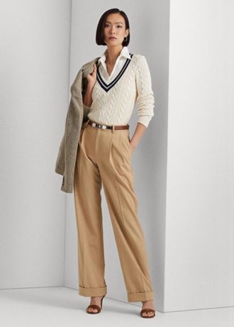 Calça Ralph Lauren feminina cáqui, plissada, de sarja e mistura de lã