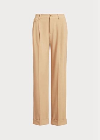 Calça Ralph Lauren feminina cáqui, plissada, de sarja e mistura de lã