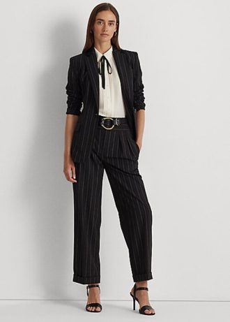 Calça Ralph Lauren Pinstripe Wool Crepe Wide Leg Feminina Preta