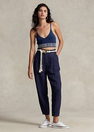 Calça Ralph Lauren plissada de sarja mista de linho azul-marinho feminina