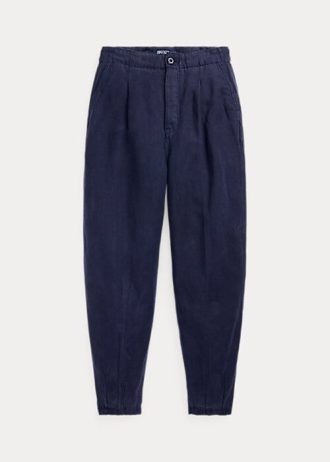 Calça Ralph Lauren plissada de sarja mista de linho azul-marinho feminina