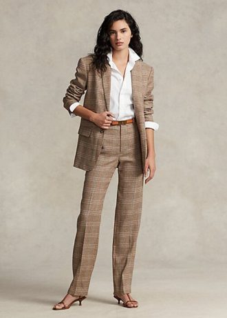 Calça Ralph Lauren xadrez de lã e linho tweed marrom feminina com perna reta