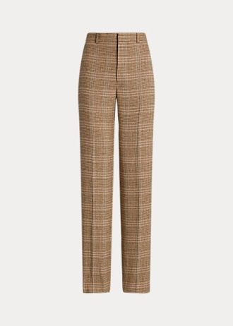Calça Ralph Lauren xadrez de lã e linho tweed marrom feminina com perna reta