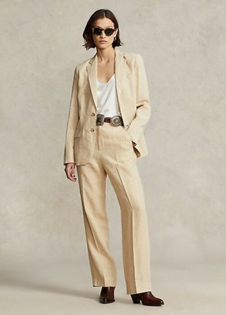 Calça Ralph Lauren Cropped de Linho com Perna Reta e Calça Feminina Bege