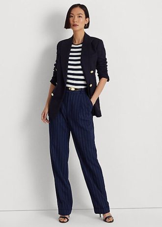Calça reta Ralph Lauren Pinstripe Twill feminina azul marinho/branca