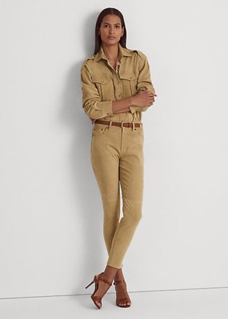 Calça skinny de camurça Ralph Lauren cáqui feminina, cintura alta, tornozelo