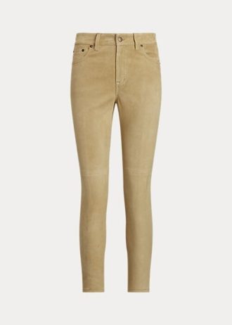 Calça skinny de camurça Ralph Lauren cáqui feminina, cintura alta, tornozelo