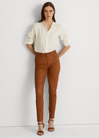 Calça skinny de couro Ralph Lauren feminina marrom, cintura alta, tornozelo