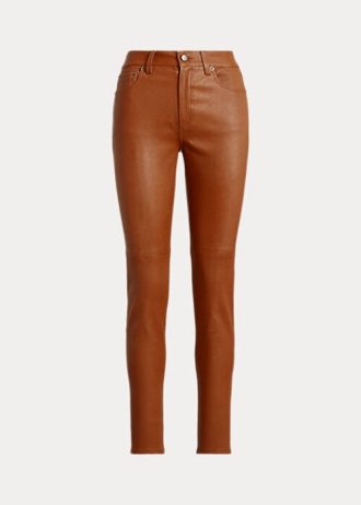 Calça skinny de couro Ralph Lauren feminina marrom, cintura alta, tornozelo