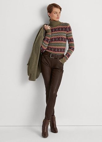 Calça skinny Ralph Lauren de couro napa marrom feminina