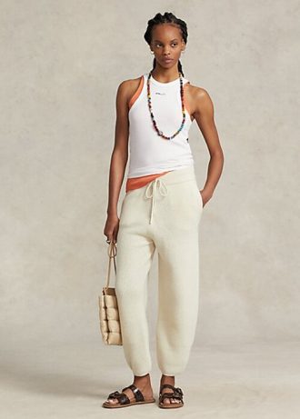Calça suéter Ralph Lauren canelada de cashmere e lã creme feminina