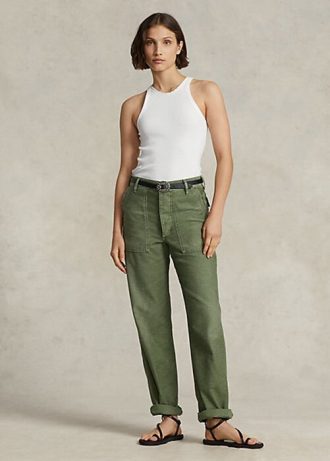 Calça utilitária Ralph Lauren de algodão e cetim verde oliva para mulheres