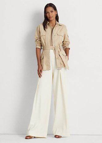 Calças de crepe plissadas Ralph Lauren femininas creme