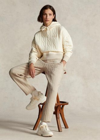 Calças de malha acolchoadas com logotipo Ralph Lauren bege para mulheres