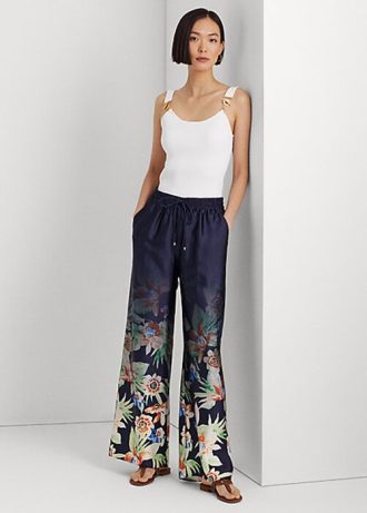 Calças Ralph Lauren Floral Charmeuse de perna larga para mulheres azul-marinho