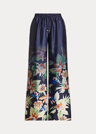 Calças Ralph Lauren Floral Charmeuse de perna larga para mulheres azul-marinho