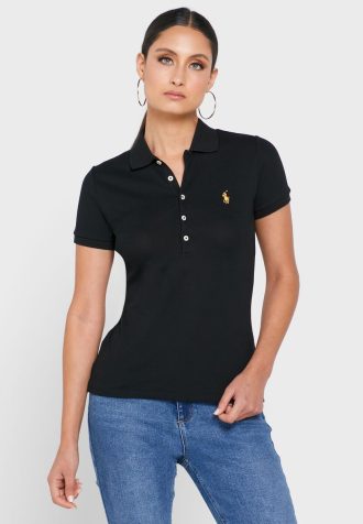 Camisa polo feminina preta Ralph Lauren com detalhes em botões