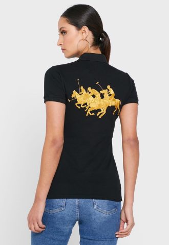 Camisa polo feminina preta Ralph Lauren com detalhes em botões