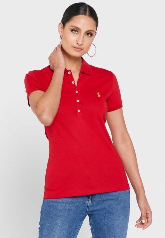 Camisa Polo Ralph Lauren Feminina Vermelha com Detalhe de Botão