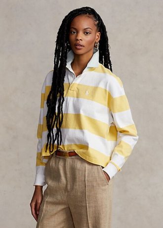 Camisa polo Ralph Lauren listrada curta de rugby amarela/branca feminina
