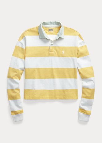 Camisa polo Ralph Lauren listrada curta de rugby amarela/branca feminina