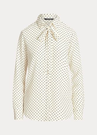 Camisas de crepe Ralph Lauren com decote em V e bolinhas creme/azul marinho para mulheres