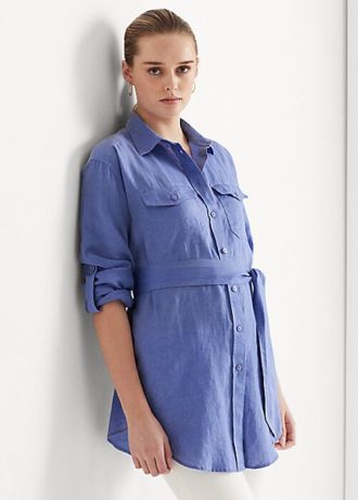 Camisas de linho com cinto Ralph Lauren femininas azuis