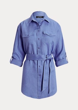 Camisas de linho com cinto Ralph Lauren femininas azuis