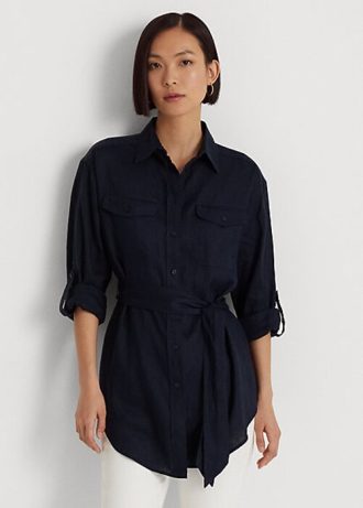 Camisas de linho com cinto Ralph Lauren para mulheres, azul marinho