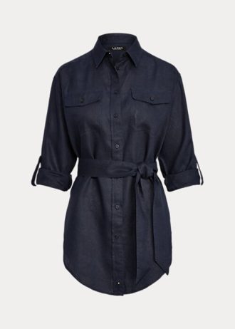 Camisas de linho com cinto Ralph Lauren para mulheres, azul marinho