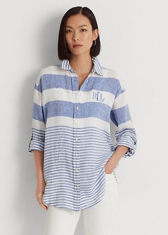 Camisas de linho grandes listradas Ralph Lauren azul/brancas femininas