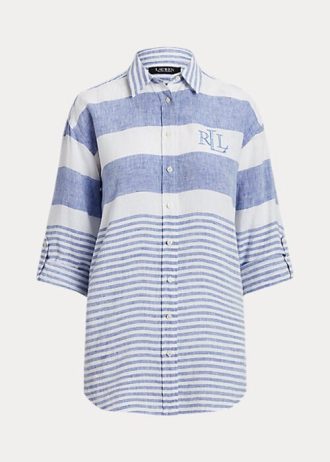 Camisas de linho grandes listradas Ralph Lauren azul/brancas femininas