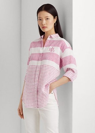 Camisas de linho grandes listradas Ralph Lauren rosa para mulheres