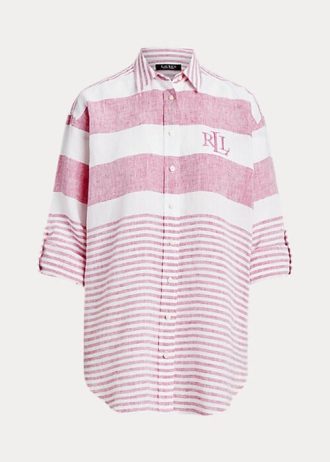 Camisas de linho grandes listradas Ralph Lauren rosa para mulheres