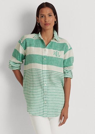 Camisas de linho grandes listradas Ralph Lauren verdes femininas