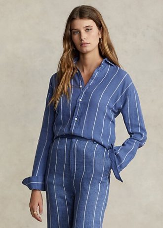 Camisas de linho listradas Ralph Lauren Relaxed Fit para mulheres azuis