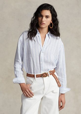 Camisas de linho listradas Ralph Lauren Relaxed Fit para mulheres azuis