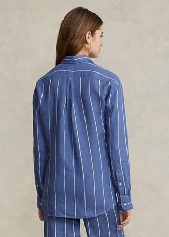 Camisas de linho listradas Ralph Lauren Relaxed Fit para mulheres azuis