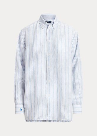 Camisas de linho listradas Ralph Lauren Relaxed Fit para mulheres azuis