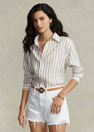 Camisas de linho listradas Ralph Lauren Relaxed Fit para mulheres, marrom/brancas