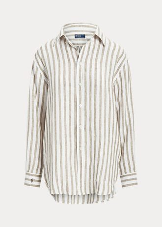 Camisas de linho listradas Ralph Lauren Relaxed Fit para mulheres, marrom/brancas
