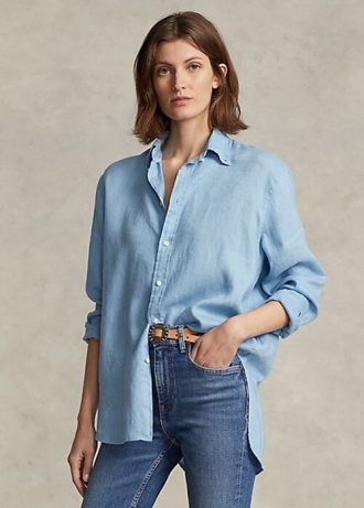 Camisas de linho Ralph Lauren Relaxed Fit para mulheres azuis