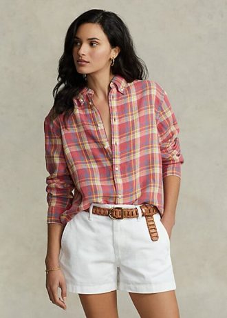 Camisas de linho xadrez Ralph Lauren Relaxed Fit para mulheres rosa