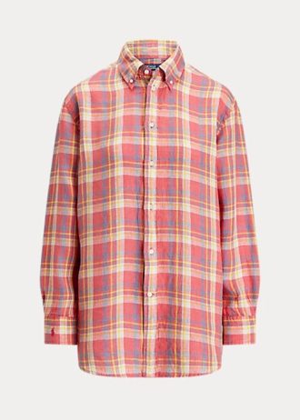 Camisas de linho xadrez Ralph Lauren Relaxed Fit para mulheres rosa